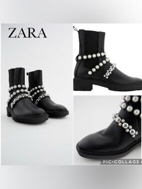 ZARA Black Pearl-Trim Chelsea Ankle Boots
